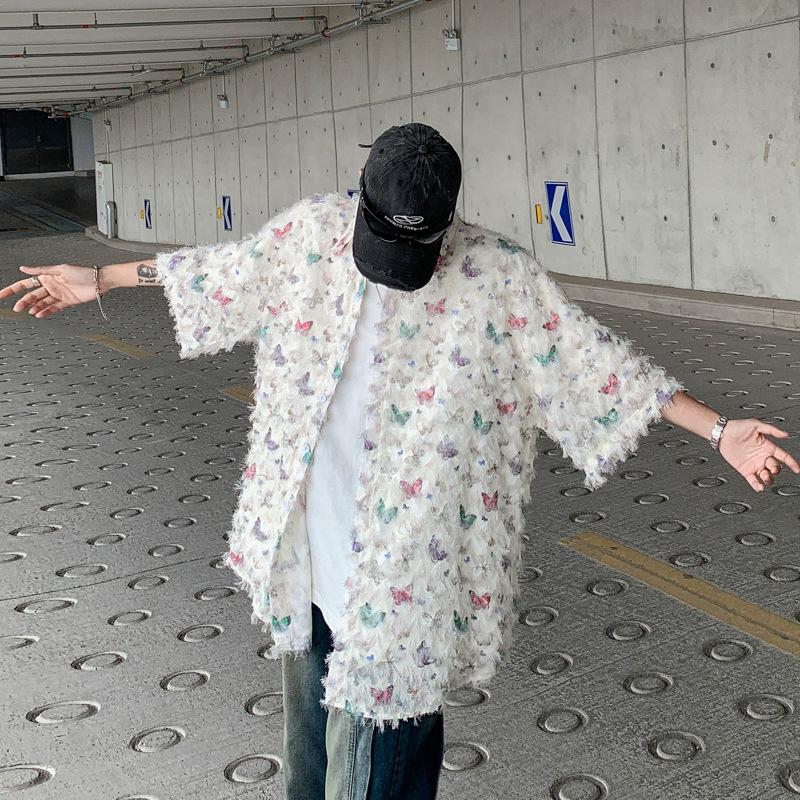 Product Introduction of Summer Design Butterfly Three-Dimensional Tassel Shirt Short Sleeve Men's Niche Vintage Shirt Coat Fashion Brand Couple's Tops 7