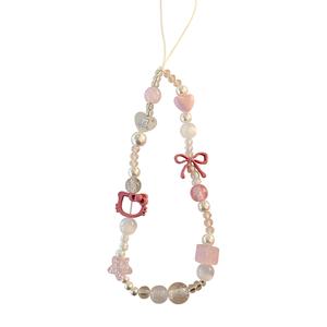 Pesona Telefon KT Kucing, Warna Merah Jambu, dengan Ikatan bentuk rama-rama, Lanyard Manik DIY Kawaii, Tali Kamera Comel, Rantai Kunci Anti-Hilang, Aksesori Beg Estetik, TikTok Viral Charms Phone keychain  f1  e  money