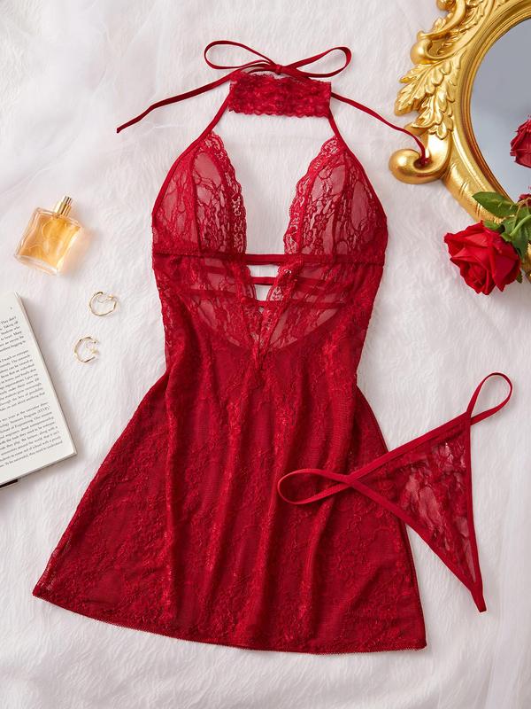 Women's Solid Color Lace  Halter Neck Nightdress & Thong Sexy Sleepwear Set, Sexy Fashion  Tie Back Backless Sleeveless  Nightgown & Panty Set, Women's Sleepwear for All Seasons 4