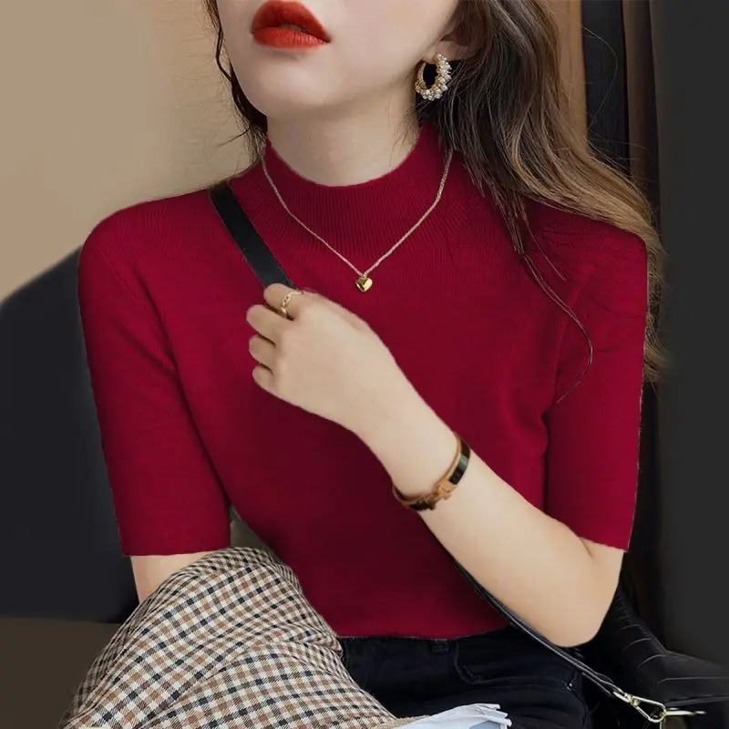 Áo Dệt Kim Cho Nữ, Cổ Cao, Mỏng Vừa Vặn, Áo Sơ Mi Thường Ngày Áo Cánh ngắn Tay Nữ, Phong Cách Hàn Quốc, Dáng Ôm, Áo Phông, M99, Hàng Mới Về 5
