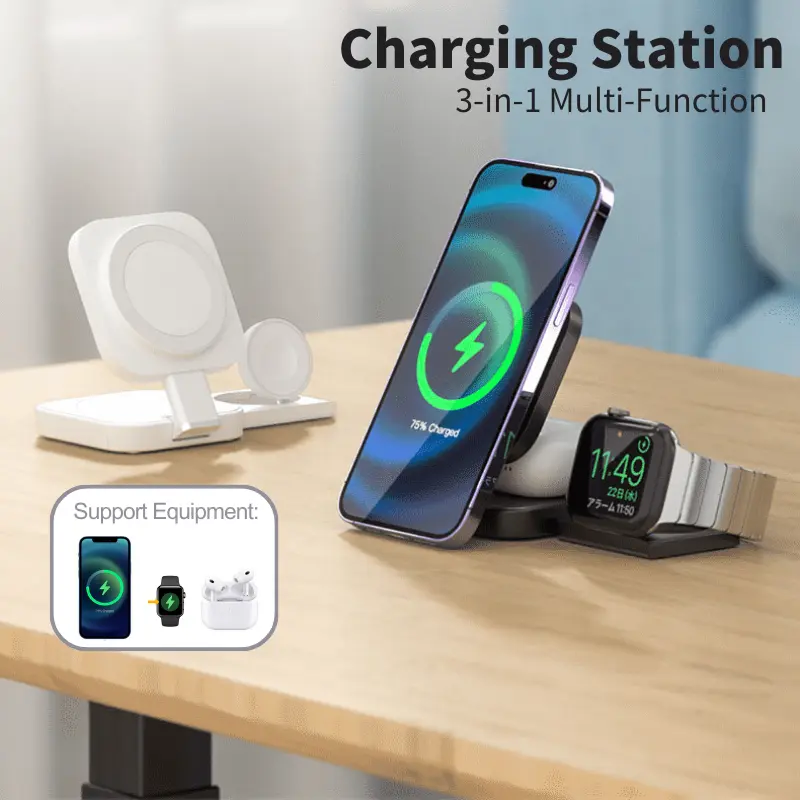 Pengecas Wayarles Magnetik Boleh Lipat 3-in-1 Fast Charging Stesen Pengecasan Multi Fungsi dengan Dock Jam & Airpod Charger Sesuai untuk Telefon 12 13 14 15 16 Pro Max / Watch / Earphone Hadiah Ramadan Pejabat Perjalanan Wireless Charger Cepat untuk Phone