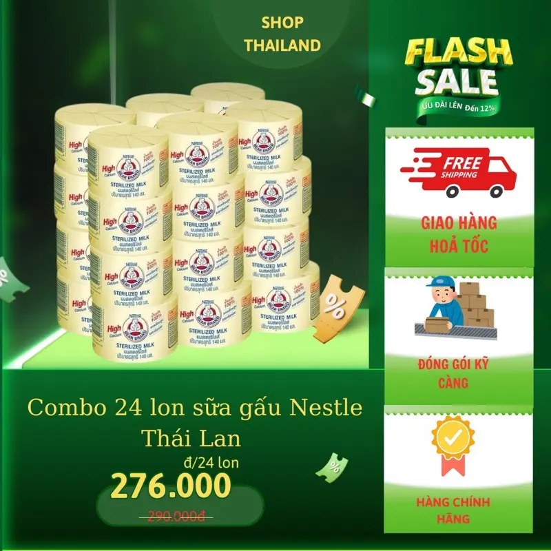 Combo 24 lon sữa gấu Nestle Thái Lan 140ml sữa  nguyên  kem sua tuoi