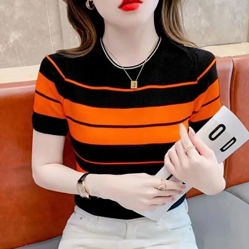 Áo Sơ Mi Spandex Dệt Kim Tay Lỡ Phong Cách Hàn Quốc, Cổ Tròn, Họa Tiết Kẻ Sọc, Ôm Sát Nữ, VN