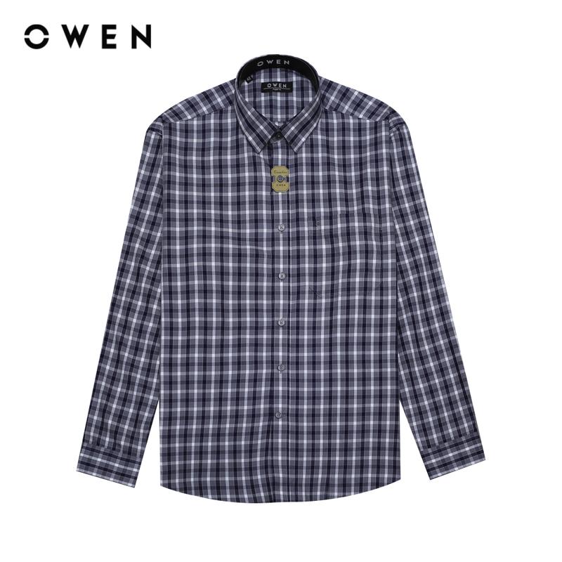 OWEN - Áo sơ mi Nam dài tay Có túi Regular Fit AR240500DT màu Xám đậm chất liệu Bamboo poly   Hoạ tiết Kẻ caro Menswear