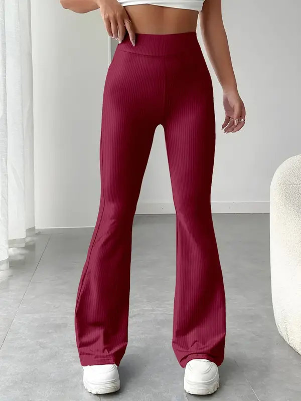 Women's Solid Ribbed Flare Leg Sports Pants, Casual Comfy High Waist Bell Bottom Trousers for Daily Wear, Ladies Bottoms Clothing for All Seasons 3