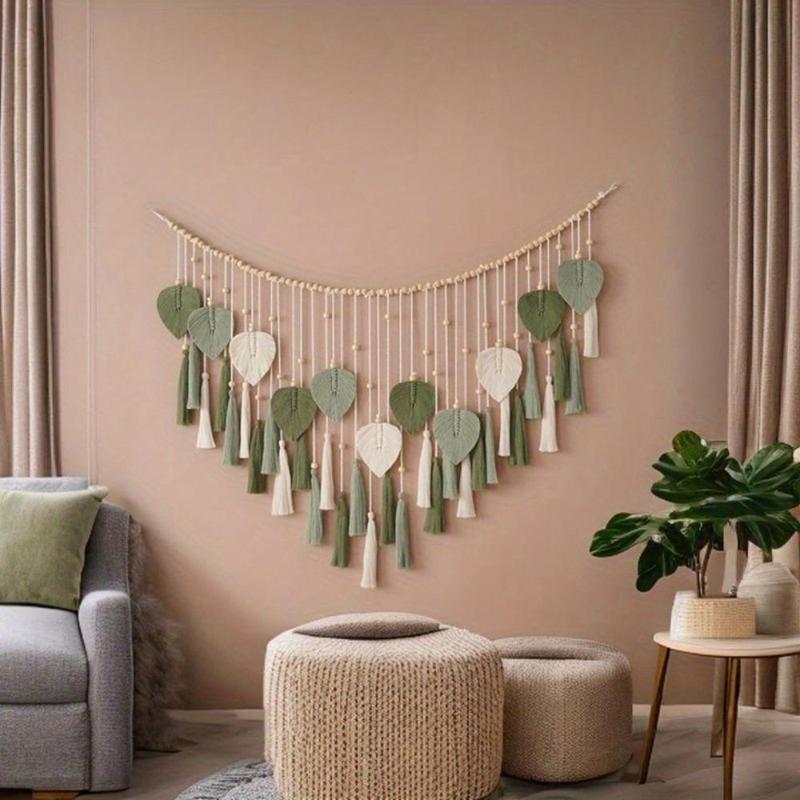 Boho Style Leaf Design Wall Decor, Creative Handmade Woven Wall Art, Wall Hanging Decor for Home Living Room Bedroom 0