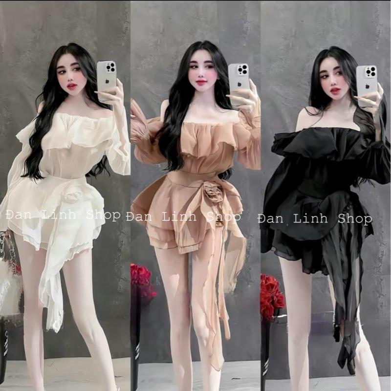 Product Introduction of Set Áo Tơ Bèo Trễ Vai Phối Chân Váy Xoè Tầng 2