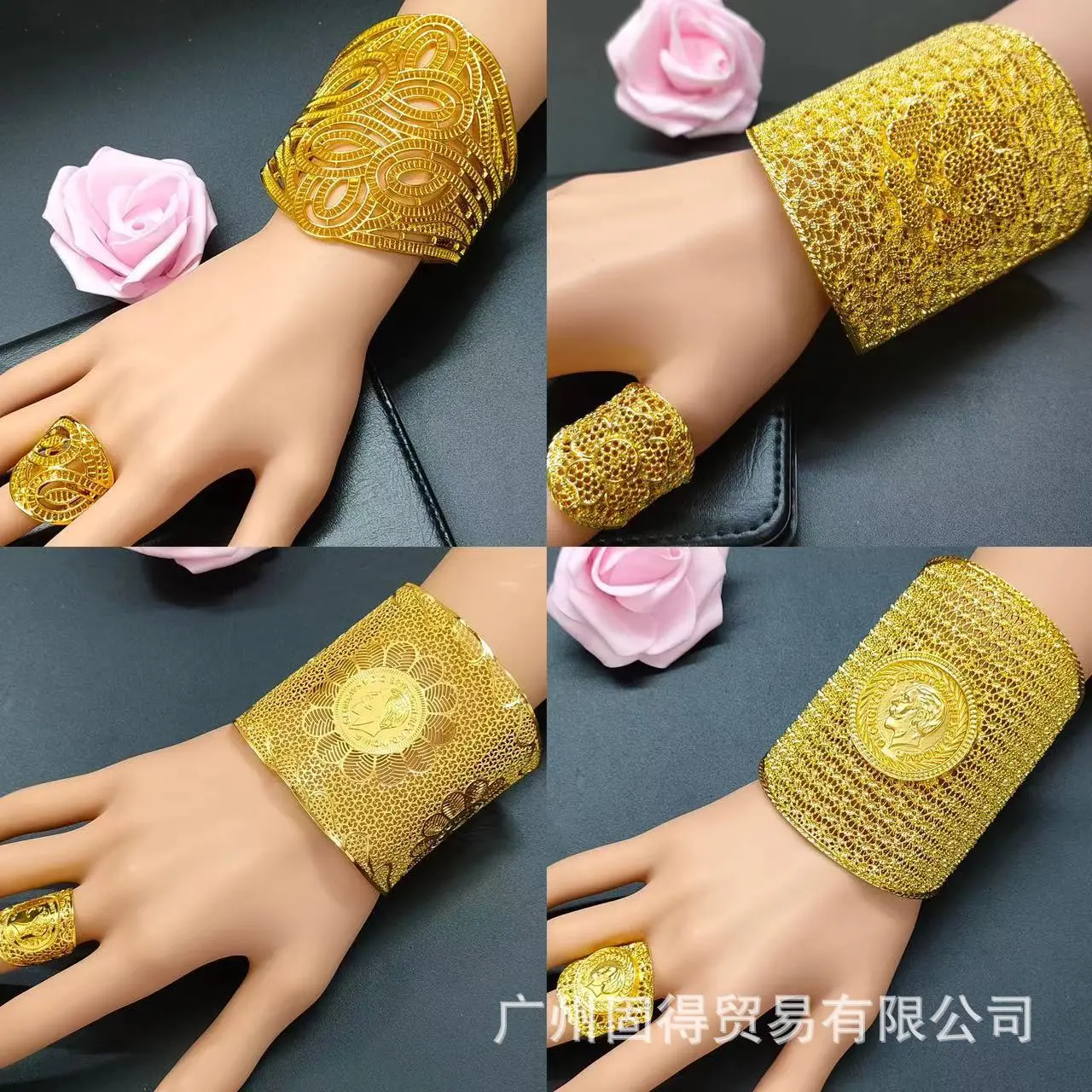 Bộ Vòng Tay & Nhẫn Mạ Vàng, Renevo, Dành Cho Nữ, Cỡ Lớn, Vòng Tay Mạ Vàng 24K, Nhẫn Hở Không Phai Màu