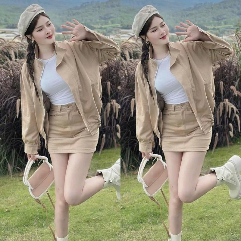 Set bộ nữ kaki 3 món áo trong tăm lạnh cổ tròn tay ngắn mix chân váy ngắn kèm khoác ngoài dài tay túi hộp xinh xắn dành cho nàng diện di chơi.