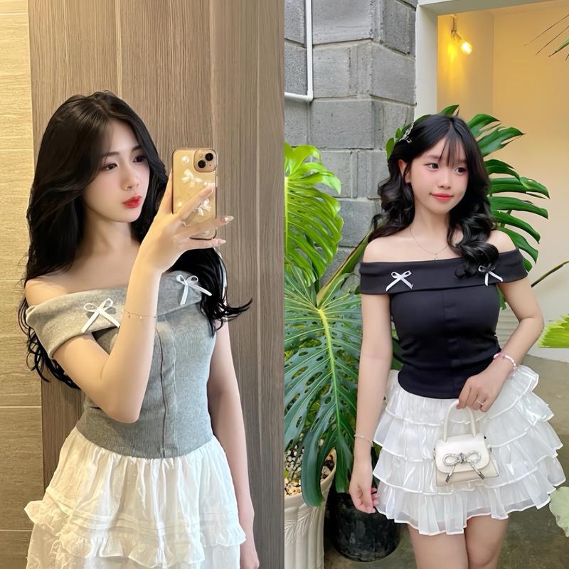 Áo trễ vai kiểu nơ xinh thời trang mới 2024 CRT cho phái nữ Nữ Women Top Nhung Thun Voi Sơ Mi Đen