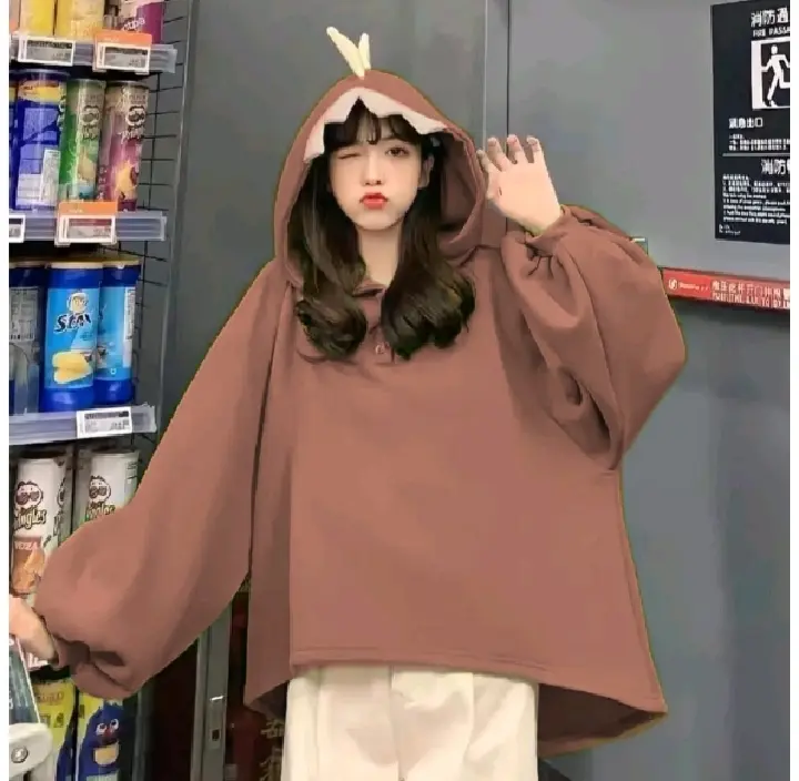 Cute Dinos Hoodie Oversize Wanita | Sweater Big Size Hii Dino Korean Style Wanita Sweatshirt