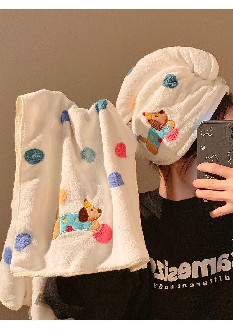 Product Introduction of [3941 Positive Reviews] Cute Polka Dot Puppy Coral Fleece Quick-Dry Hair Towel for Women, Super Absorbent, Thickened Bath Cap for Students 9