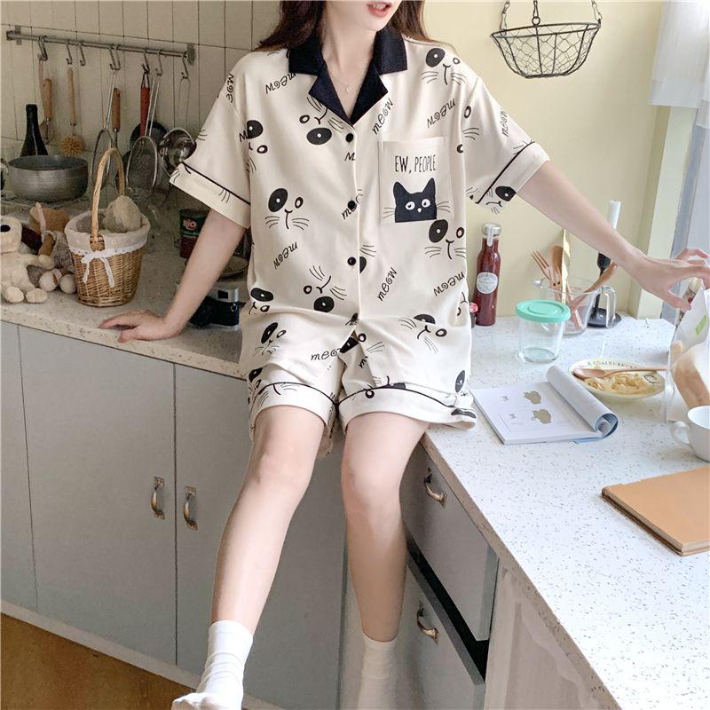 Product Introduction of Bộ Đồ Ngủ Mùa Hè Cho Nữ, Có Đệm Ngực, Áo Cardigan ngắn Tay, Quần Đùi, Bộ Đồ Mặc Ở Nhà Dễ Thương, Hàng Mới Về, Với Thiết Kế Hình Mèo, 2024 7