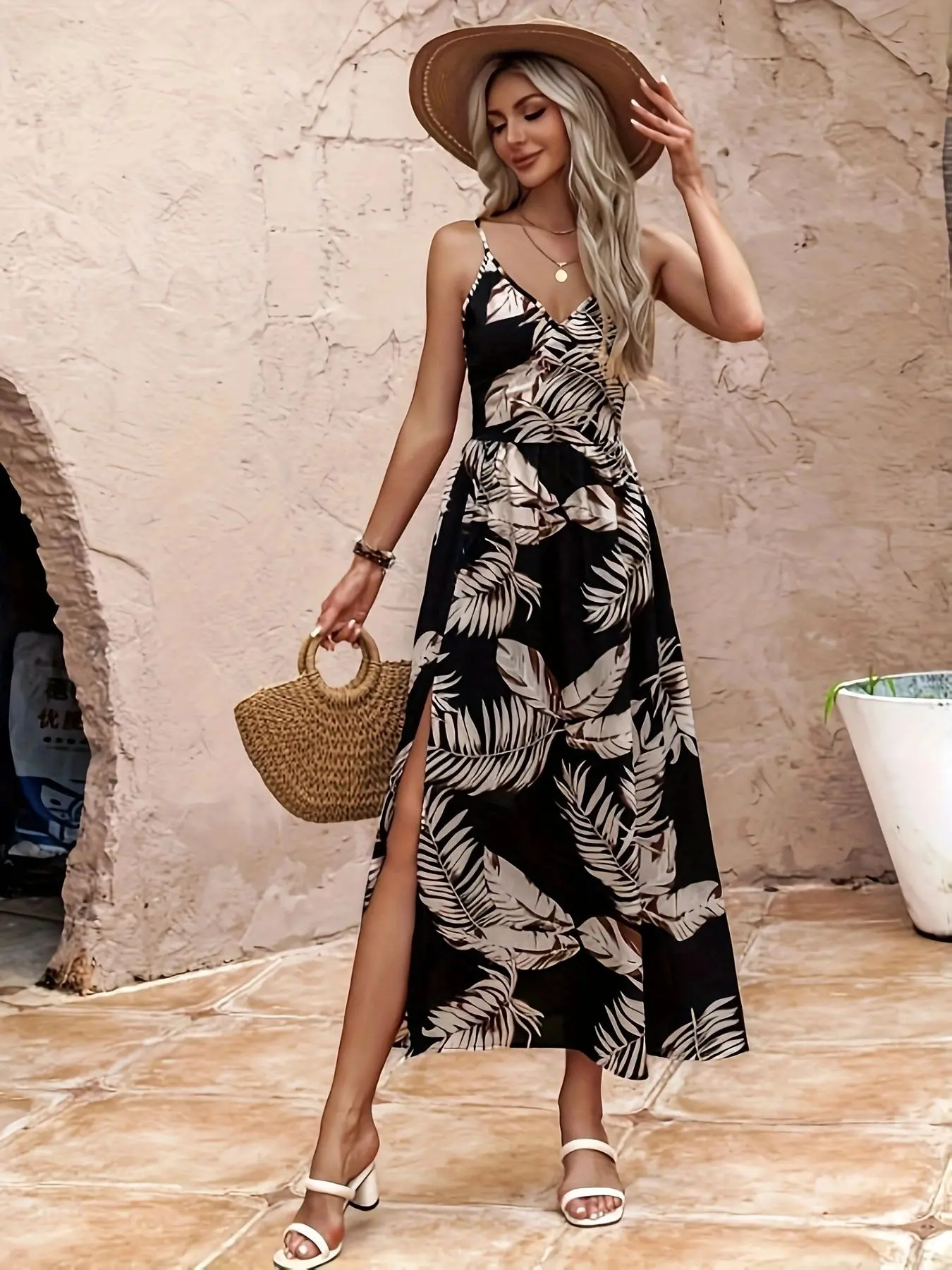 Women's Cami Dress, Casual Sleeveless Split Hem Dress for Summer, Ladies Clothes for Beach Holiday
