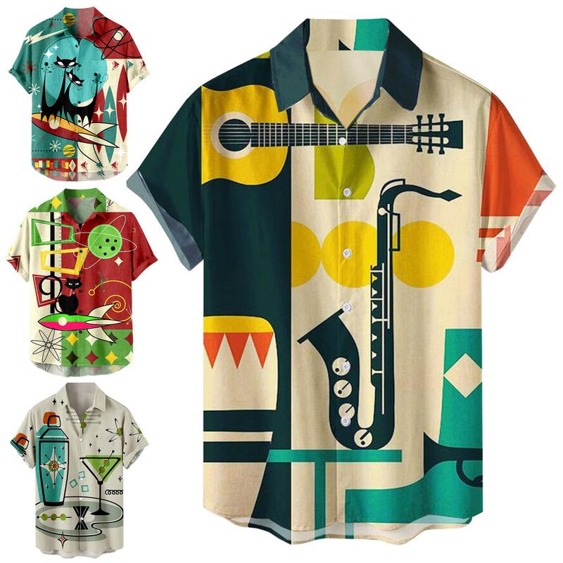 Huxriqvy Men Beach Shirt Color Matching Loose Graffiti Pattern Men Beach Top Single-breasted Men Clothes 5