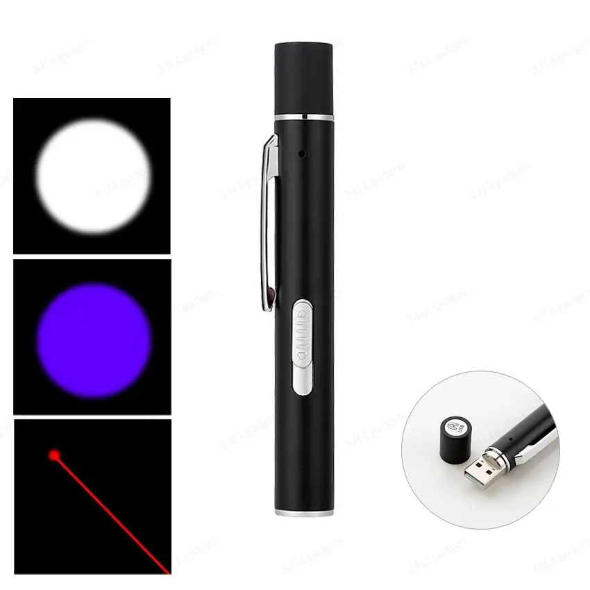 bdfhj98shop ขายดี 3ใน1ไฟฉายปากกาเลเซอร์อินฟราเรดสีม่วงเลเซอร์สีแดงสแตนเลสสตีลพร้อมทีชาร์ตUSBในตัว L005