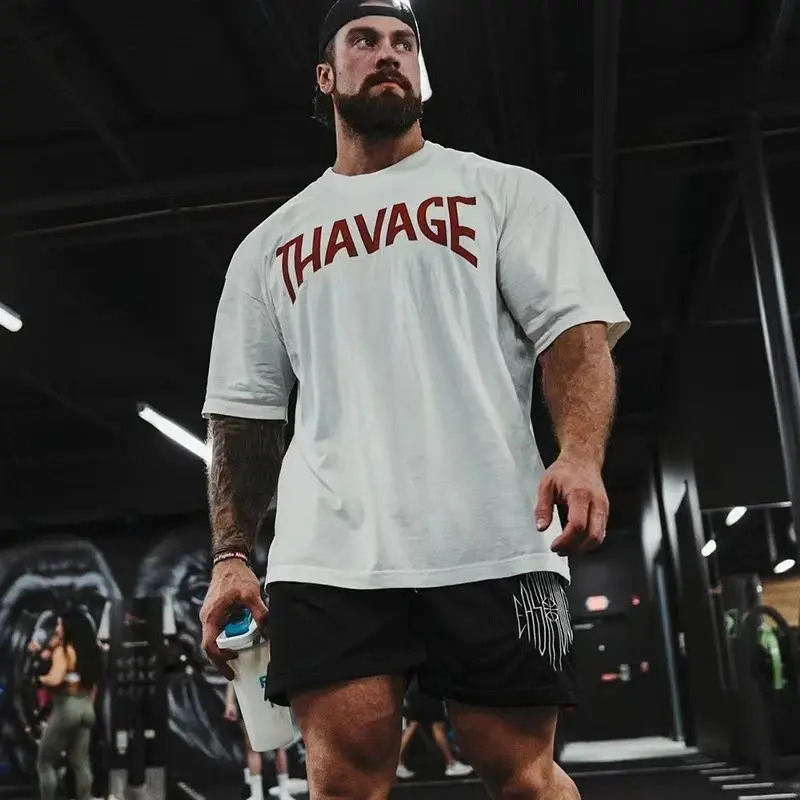 Fitness Thavage Shirt Men Running Sports Loose Oversized T-shirt Short Sleeve Cotton Summer Men's Bodybuilding Workout Top Men's
