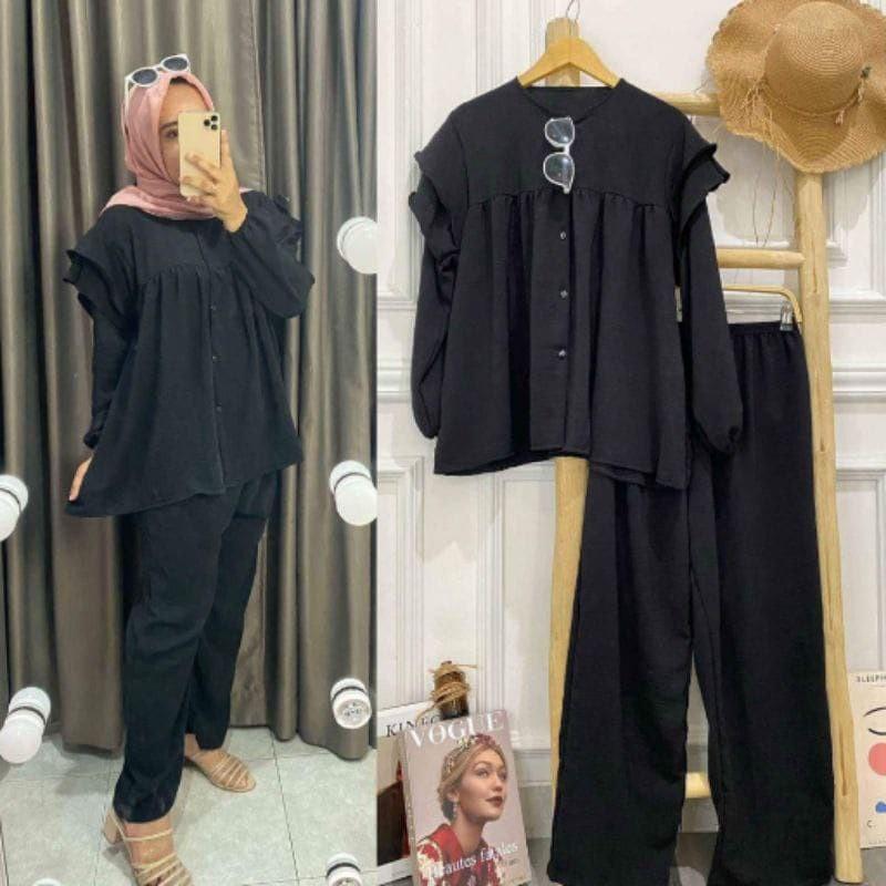Product Introduction of Reva One Set Stelan Wanita Crinkle Airflow Muslim Celana Setelan Baju Atasan Kancing baju  Panjang 0