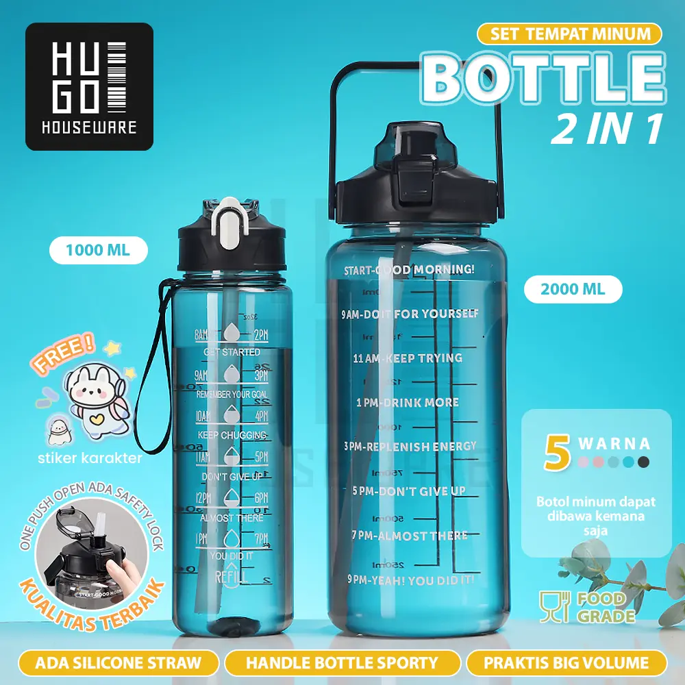 Botol Air 2 Liter +1 Liter Botol Anak Sekolah Water Bottles Botol Minum Motivasi Set 2 in 1 Premium BPA FREE