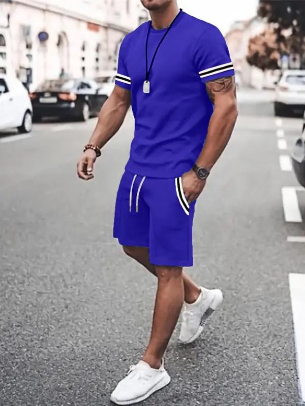 Classy Two Piece Sets Men's Contrast Binding Tee & Drawstring Waist Shorts Set, Casual Short Sleeve Round Neck T-shirt & Pocket Track Shorts, Autumn Outfits, Menswear, Posh Men's Clothes, College Outfits UK, Balkan School Outfits, Outfit Sets for Men 3