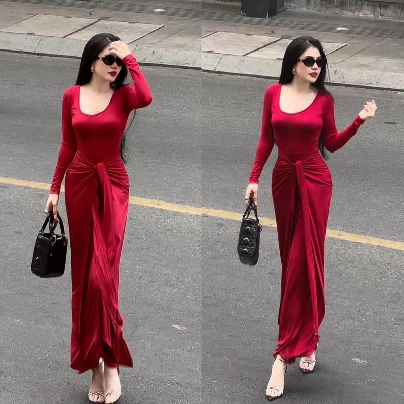 ĐẦM TAY DÀI CỔ U, XOẮN GIỮA (40kg-55kg), chất thun tăm lạnh Nữ Women [GL70019] Dress Voi 2