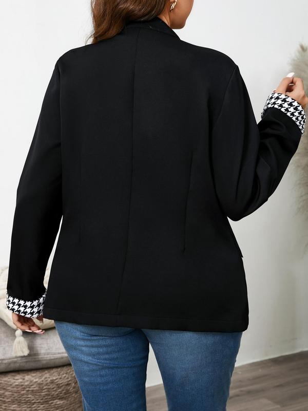 【Plus Size】 Houndstooth Patchwork Print Double Button Pocket Blazer, Casual Long Sleeve Outerwear for Fall & Winter, Women's Clothes for Daily Wear 1