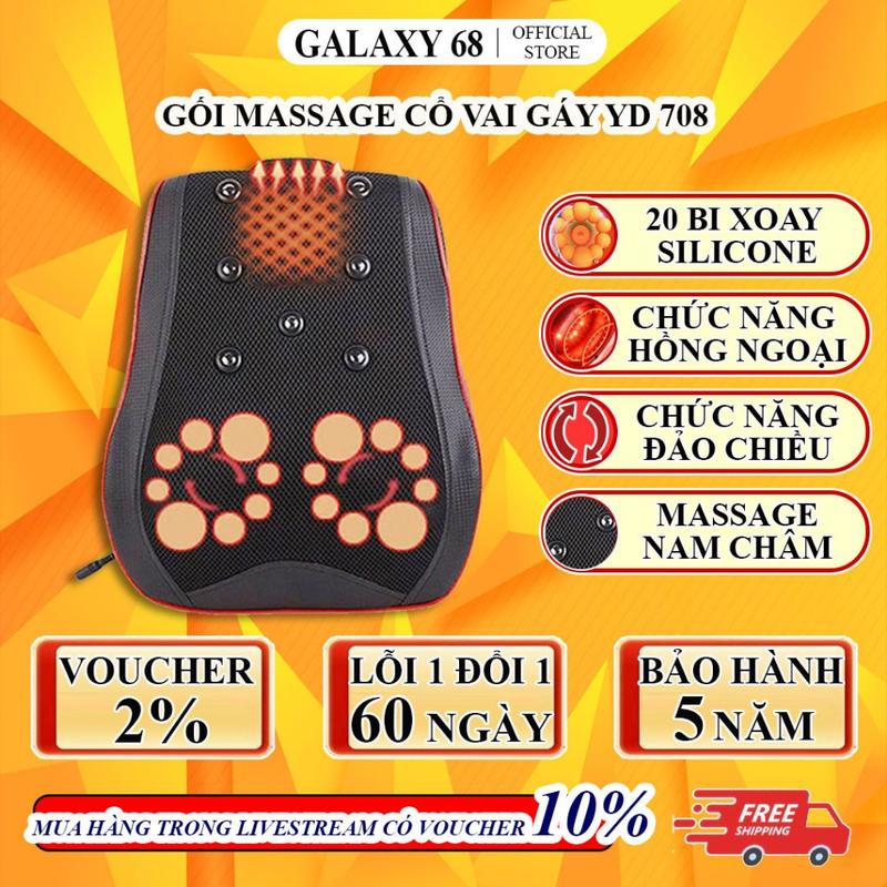 Gối Massage Hồng Ngoại 20 Bi, Máy Matxa Cổ Vai Gáy YD-708 hỗ trợ mát xa, bắp chân bắp tay, 20 bi xoay  hồng ngoại đảo chiều