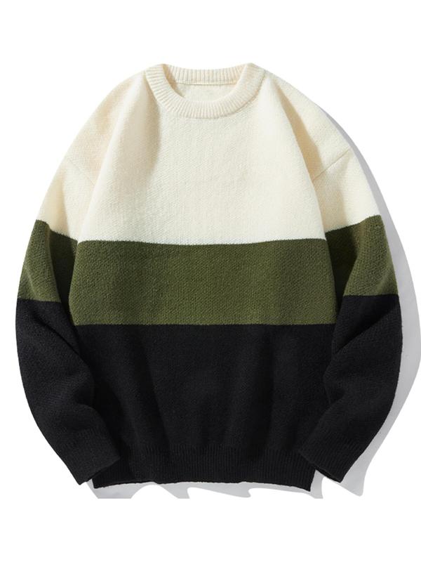 Unisex Men's Loose Colorblock Striped Print Drop Shoulder Crew Neck Sweater, Casual Long Sleeve Round Neck Jumper Tops for Fall & Winter, Menswear 4