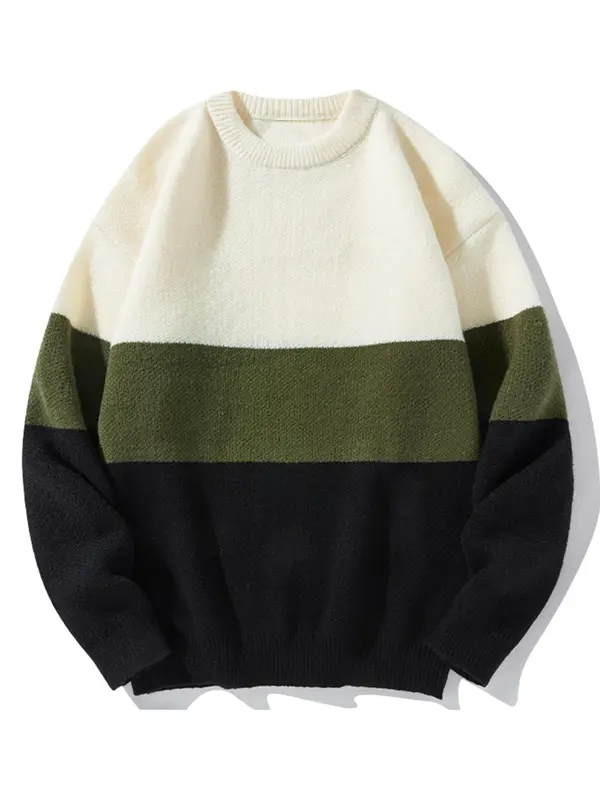 Unisex Men's Loose Colorblock Striped Print Drop Shoulder Crew Neck Sweater, Casual Long Sleeve Round Neck Jumper Tops for Fall & Winter, Menswear 4