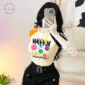 Áo Thun Croptop Borip Viền Tay Raglan Form Basic Ôm Body Nữ In Hình Icon Mặt Cười Happy, Áo Croptop Ôm Body Nữ Áo Kiểu Xinh Đẹp In Hình Độc Lạ Đi Biển Đang Hot 2025 Mặc Hè Mặc Nhà Mặc Đi Chơi Thoải Mái