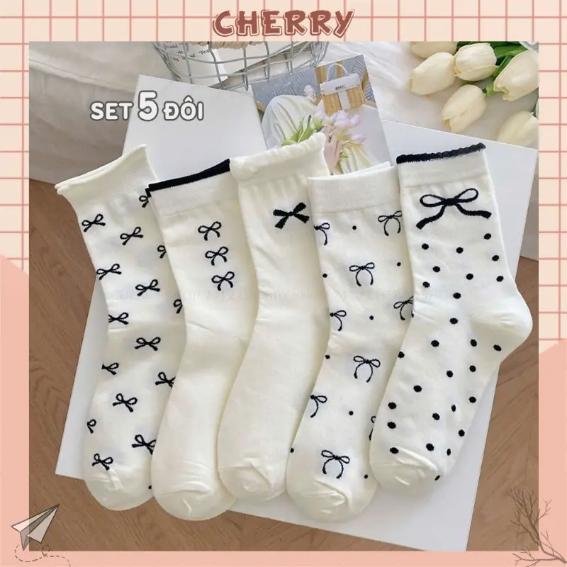 Tất nữ set 5 đôi cổ cao thêu họtiết nơ xinh xắn, tất vớ cổ cao dệt kim tự động - Cherry shop Cotton Lịch