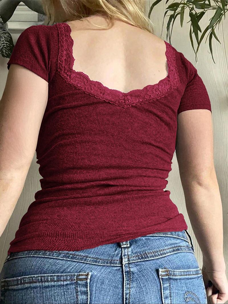 Product Introduction of 【Plus Size】 Solid Contrast Lace Crop Tee, Casual Short Sleeve T-shirt for Daily Wear, Women Plus Clothing for All Seasons, Top 8