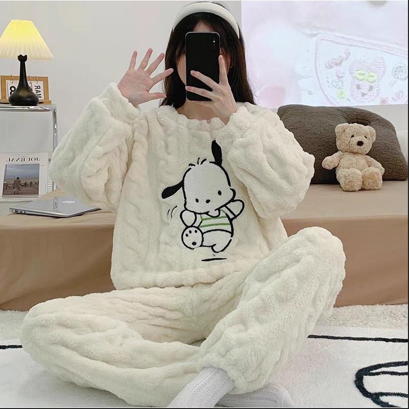 BNL368 Bộ đồ, Bộ ngủ lông siêu dày ấm, bộ lông mịn xoắn dài tay in hình CÚN dễ thương Mùa đông Nữ Women Áo