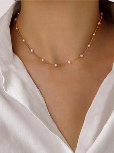 Collar decorado con perlas falsas, Joyería elegante para mujer para fiestas, Decoración para ropa diaria