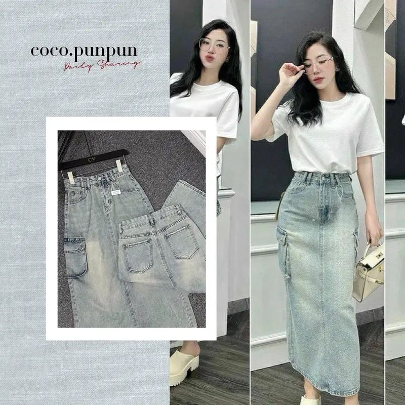 (Ms858) Váy Jean Dài 2 Túi Hộp Xẻ Tà Lai Cuốn - Dài 91 cm ( S-L ) 0
