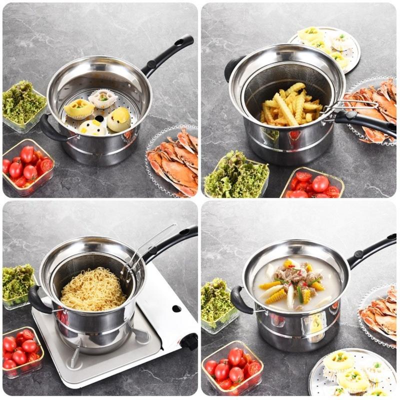Product Introduction of toinof Multifunctional Stainless Steel Deep Fryer Pot with Strainer with Steaming Tray Saucepan Soup Pot Foldable with Pasta Colander Tempura Pot French Fries 18