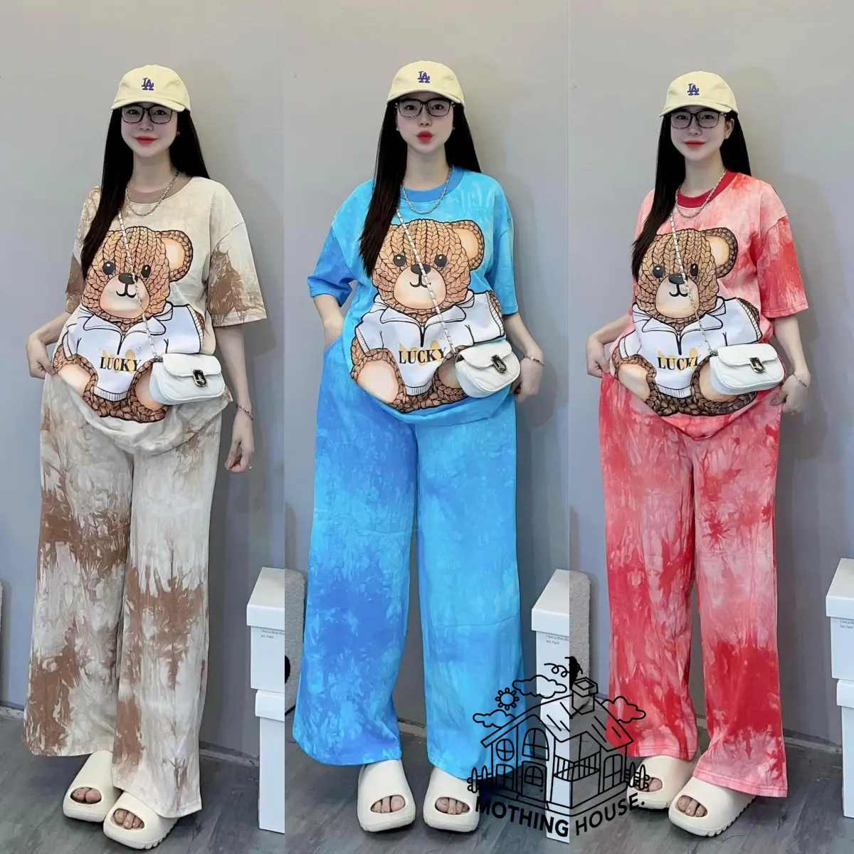 Tiedye Terno Set Women's Cartoon Printed Shorts Sleeves Wide Leg Pants Terno Set without pocket