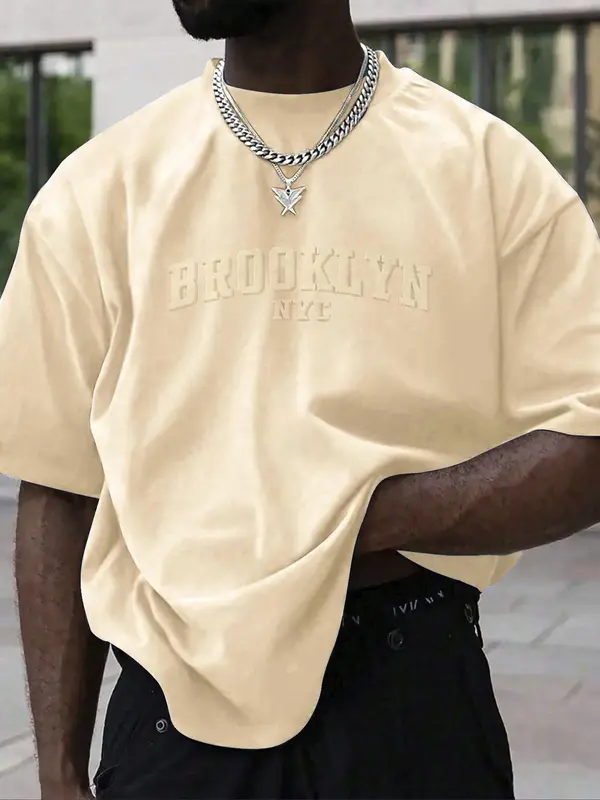 [Plus Size] Men's  Letter Embossed Drop Shoulder Tee, Casual Half Sleeve Round Neck T-shirt, Fashion Men's Summer Top for Daily Wear 4
