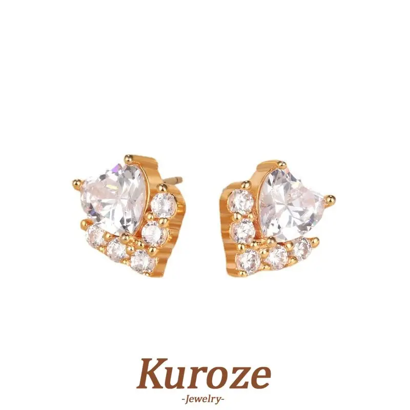 Kuroze 18K Champagne Gold Heart-Shaped Stud Earrings Love White Diamond Earrings