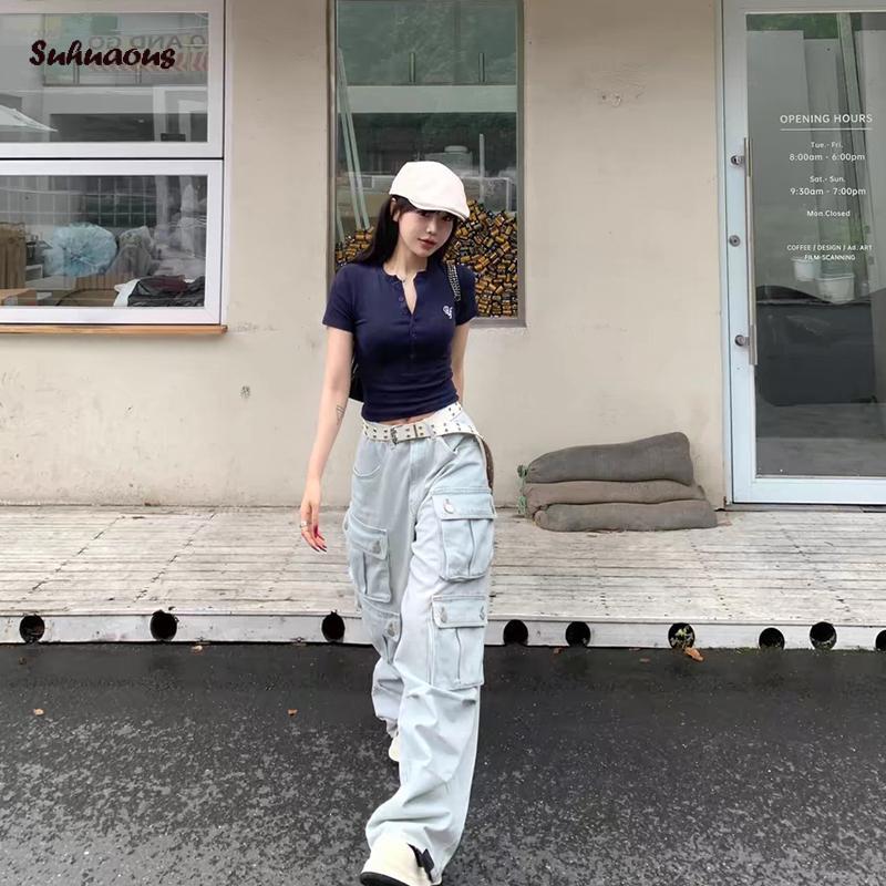 Áo Phông nữ, ngắn Tay, Cổ Henley, Chữ Thêu, Áo Mùa Hè, Thời Trang Đường Phố, SS24 1