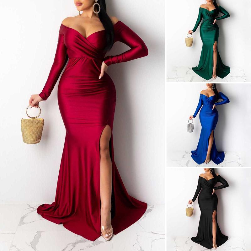 Lady Evening Dress V Neck Off Shoulder Side Slit Floor Length Long Sleeves Pleated Slim Fit Maxi Dress Ball Gown Banquet Party Dress 3