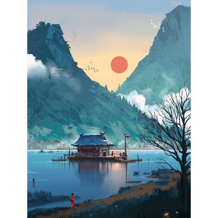  Tranh đá tự đính tự làm 30x40cm giá rẻ tranh đính đá phong cảnh Anime 5D  Núi Bên Trăng  