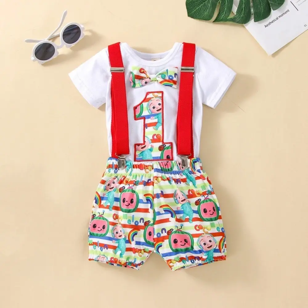 Gentleman 1 Year Old  Costume Shorts Jumpsuit Set Hat Kids  T Shirt Coco melon Theme Birthday Photoshoot Outfit