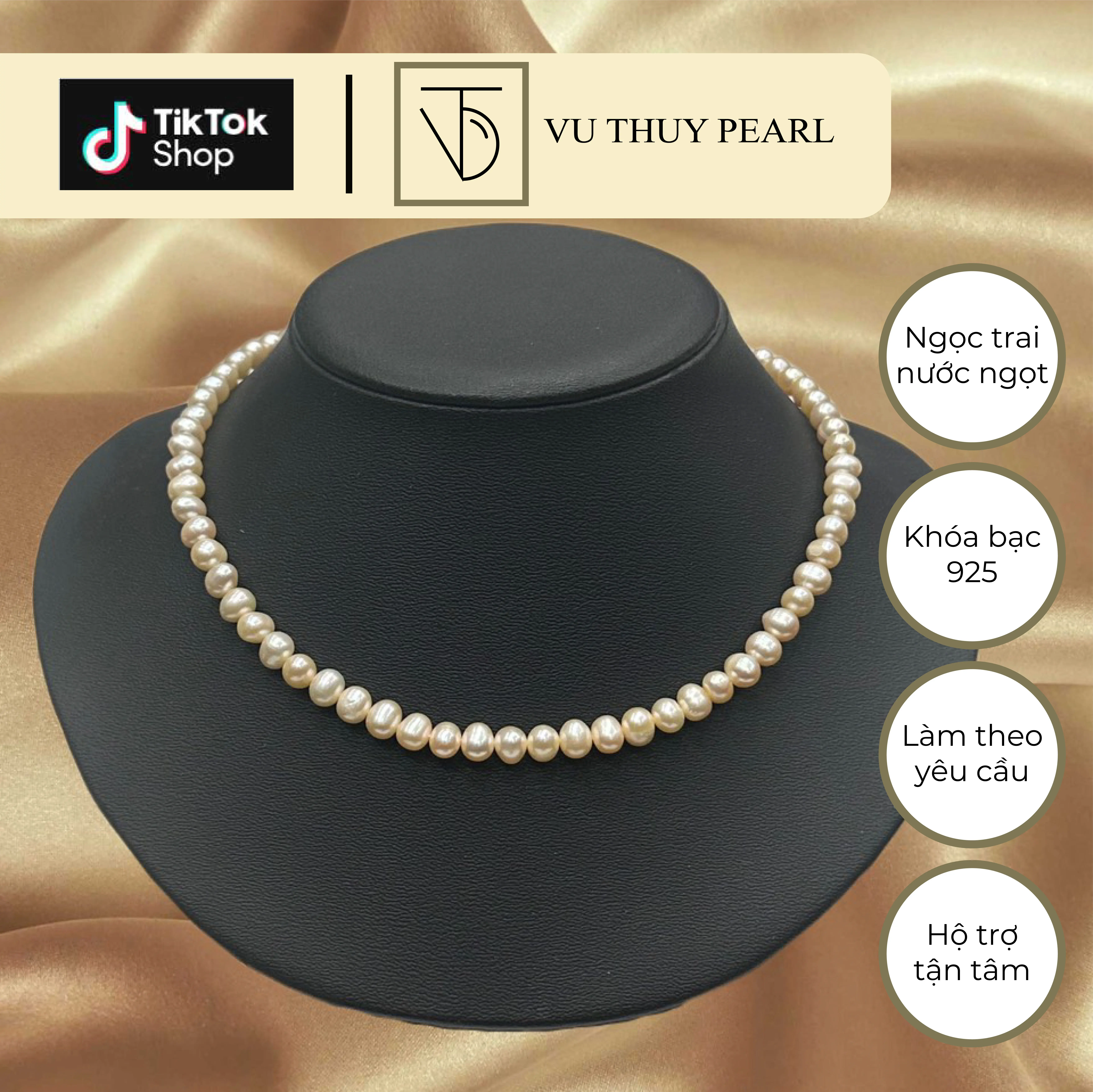 Vòng đeo cổ Ngọc trai nước ngọt ánh cam phổ thông - Ngọc trai Vũ Thùy Pearl