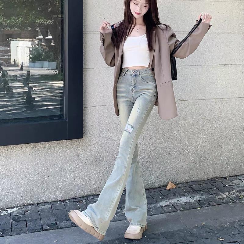 N37 quần jean nữ ống loe phối thời trang rách đùi hách dáng Ôm gọn Denim Pants Baggy