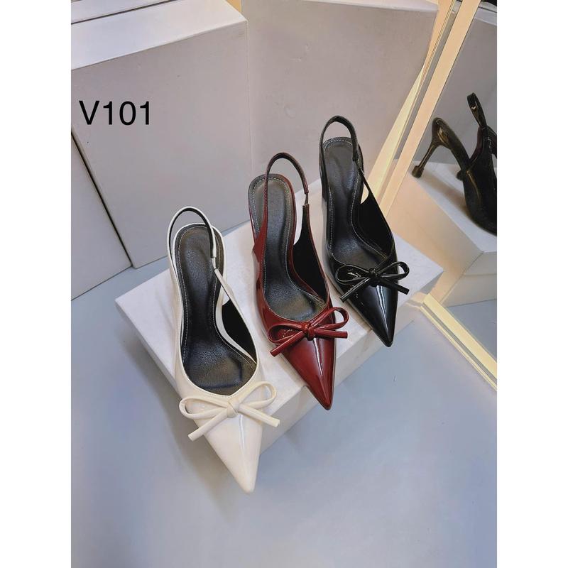 Giày Cao Gót Mũi Nhọn Nơ To Tiểu Thư 7P 3 Màu Hở Gót V101 sandal dép
