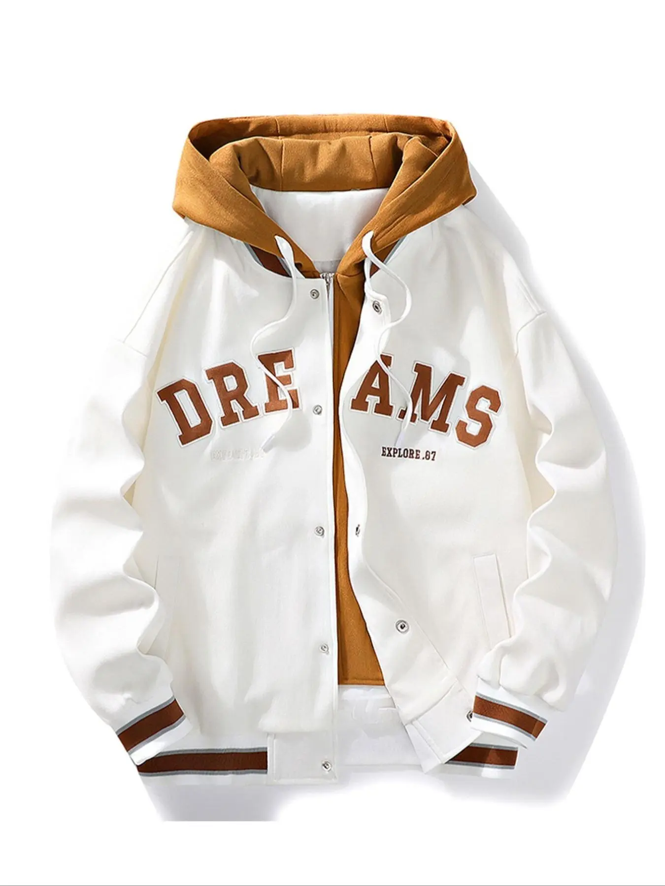 Men's Colorblock 2 in 1 Letter Embroidery Drop Shoulder Zip Up Hooded Jacket, Regular Fit Casual Fashion Drawstring Long Sleeve Button Front Outerwear for Spring & Fall, Men's Clothes for Daily Wear