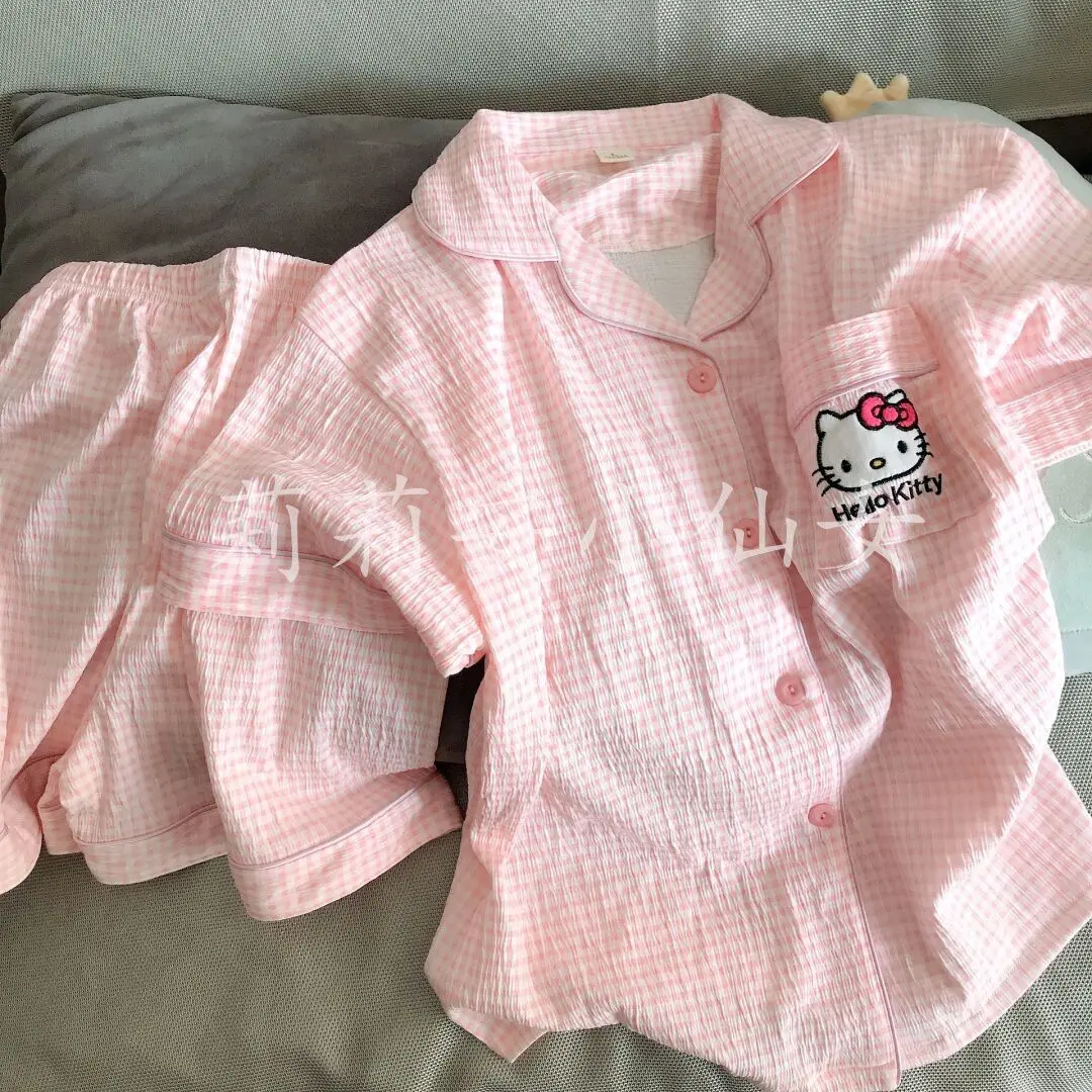 Bộ Đồ Ngủ Mèo Hellokitty, Dễ Thương Và Mới Cho Mùa Hè, Dành Cho Nữ, ngắn Tay, Phong Cách Nhật Bản Ins, Thích Hợp Cho Học Sinh, Bộ Đồ Mặc Nhà, Có Thể Mặc Ngoài Trời