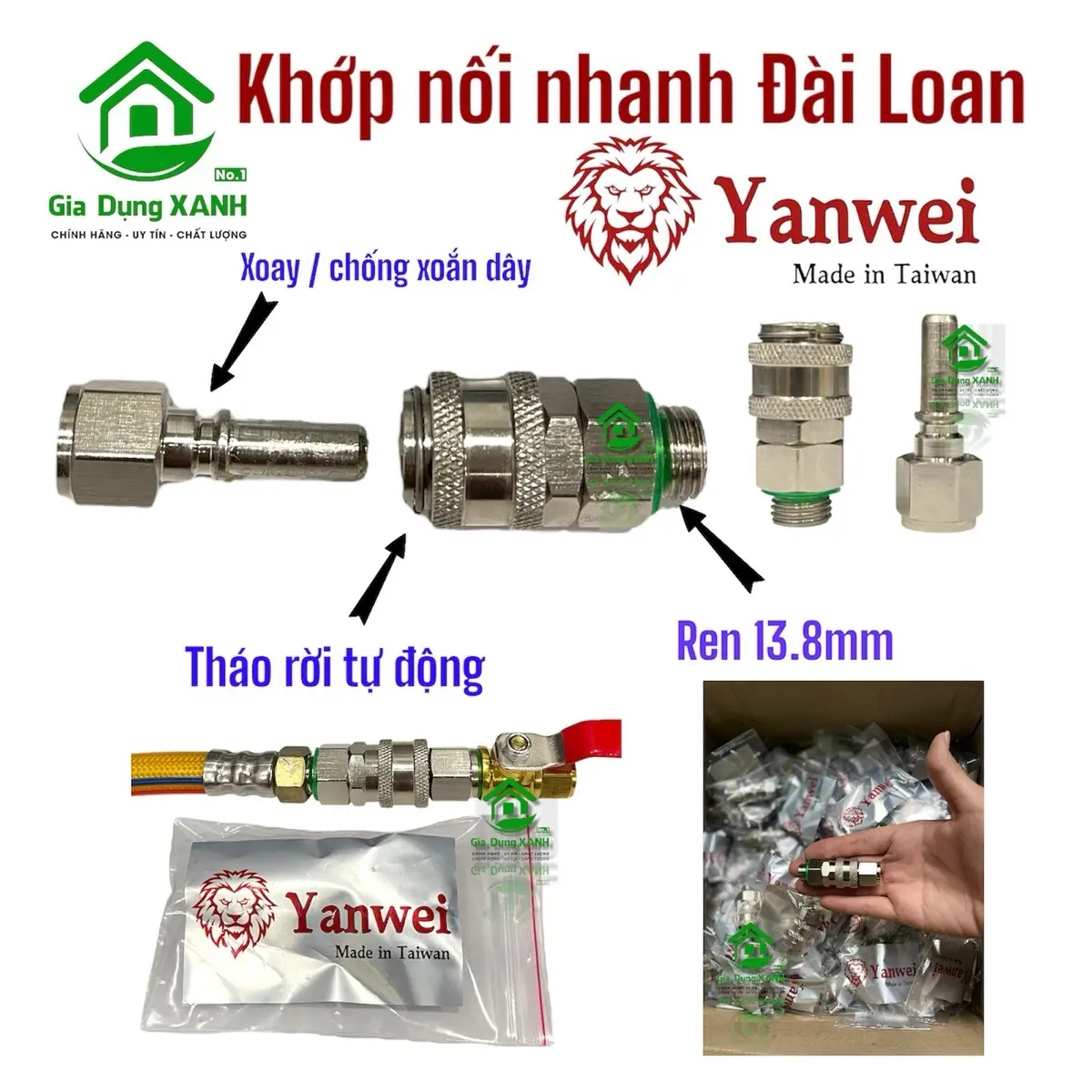 Khớp nối nhanh Đài Loan inox ren 13.8mm [ Gia Dụng Xanh No.1], chống xoắn dây, khớp nối tự động, lắp được cho các van bi đầu xịt, đầu rửa xe.