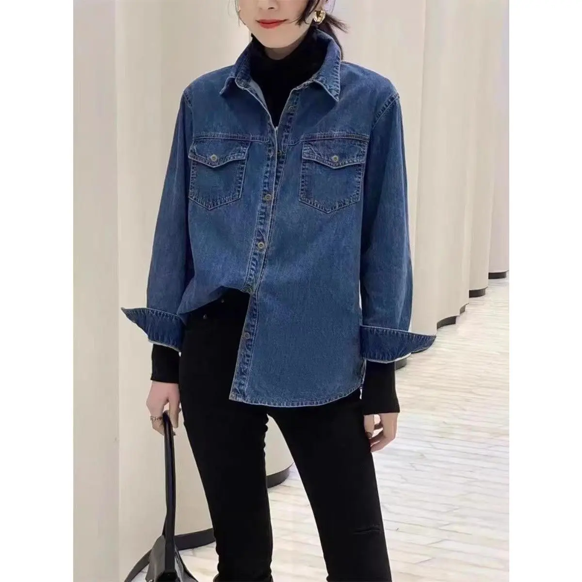 Áo Sơ Mi Denim, Màu Xanh Dương, Thiết Kế Đẹp, Phong Cách Tối Tỉ, Áo Khoác Nữ Mới Mùa Thu 2024 Đơn Giản, Thích Hợp Cho Mùa Xuân Và Mùa Thu, Áo Pháp Top Women